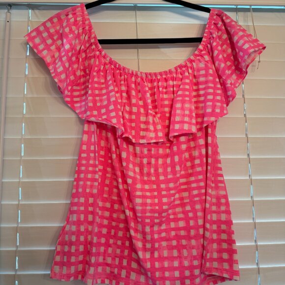 Lily Pulitzer Hot Pink Plaid Off the Shoulder Blouse (Size M) - Picture 4 of 4